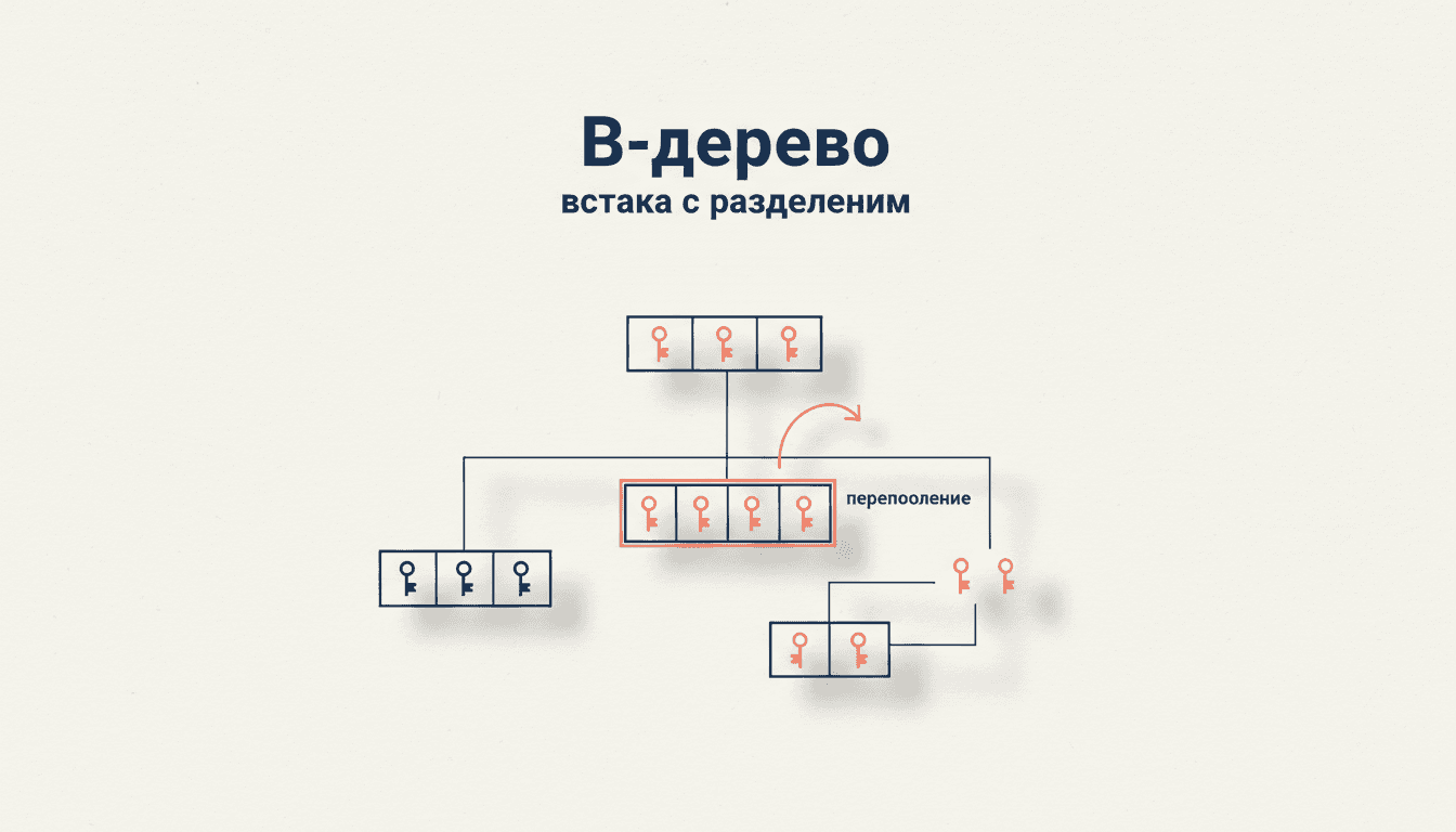 B-дерево: вставка ключа и разделение узла