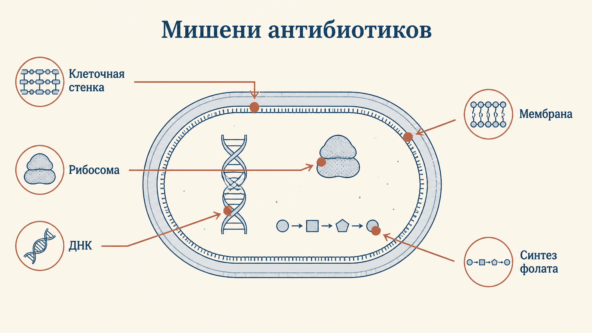 Механизм действия антибиотиков: мишени в клетке