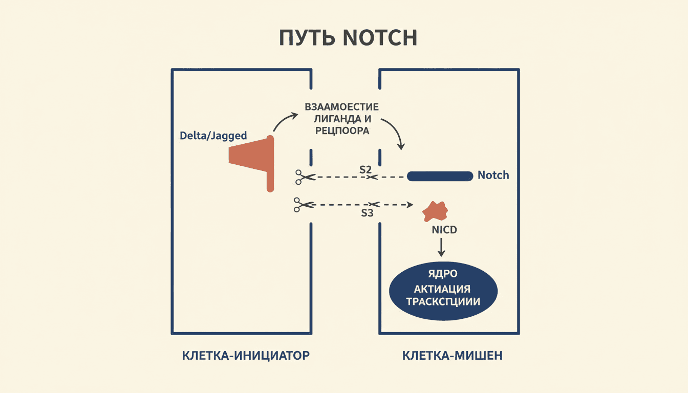 Путь Notch сигнальный: протеолиз рецептора и NICD в ядре