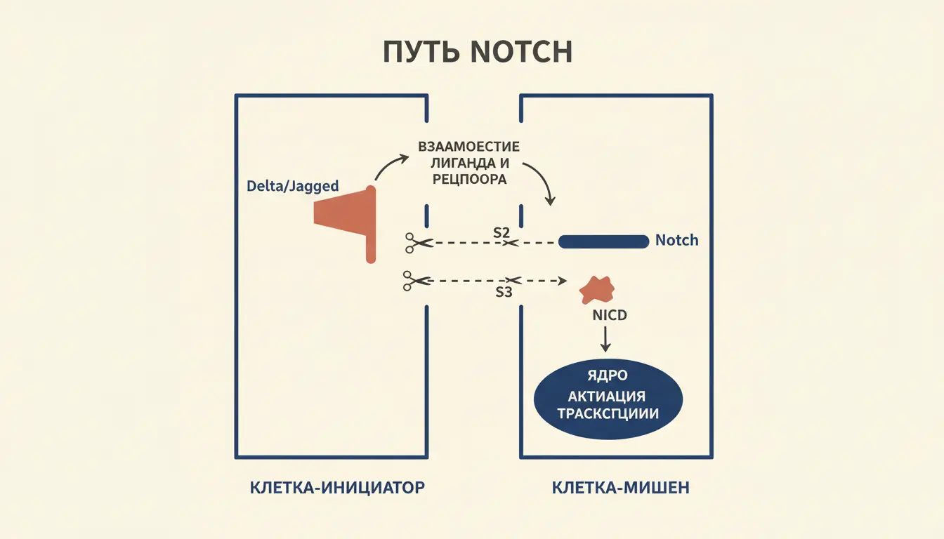 Путь Notch сигнальный: протеолиз рецептора и NICD в ядре