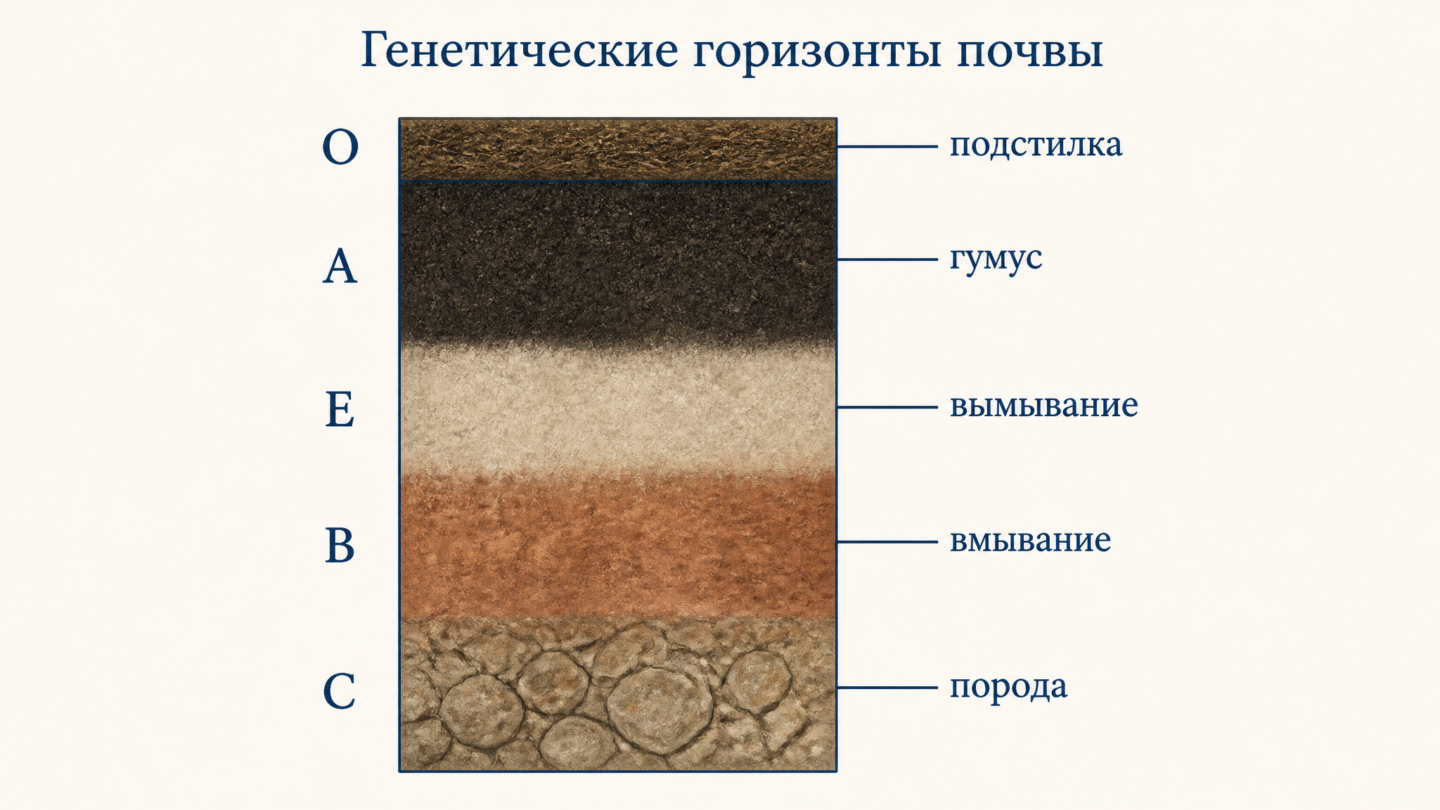 Вертикальный разрез почвы с подписанными горизонтами О, А, Е, В, С от подстилки до породы