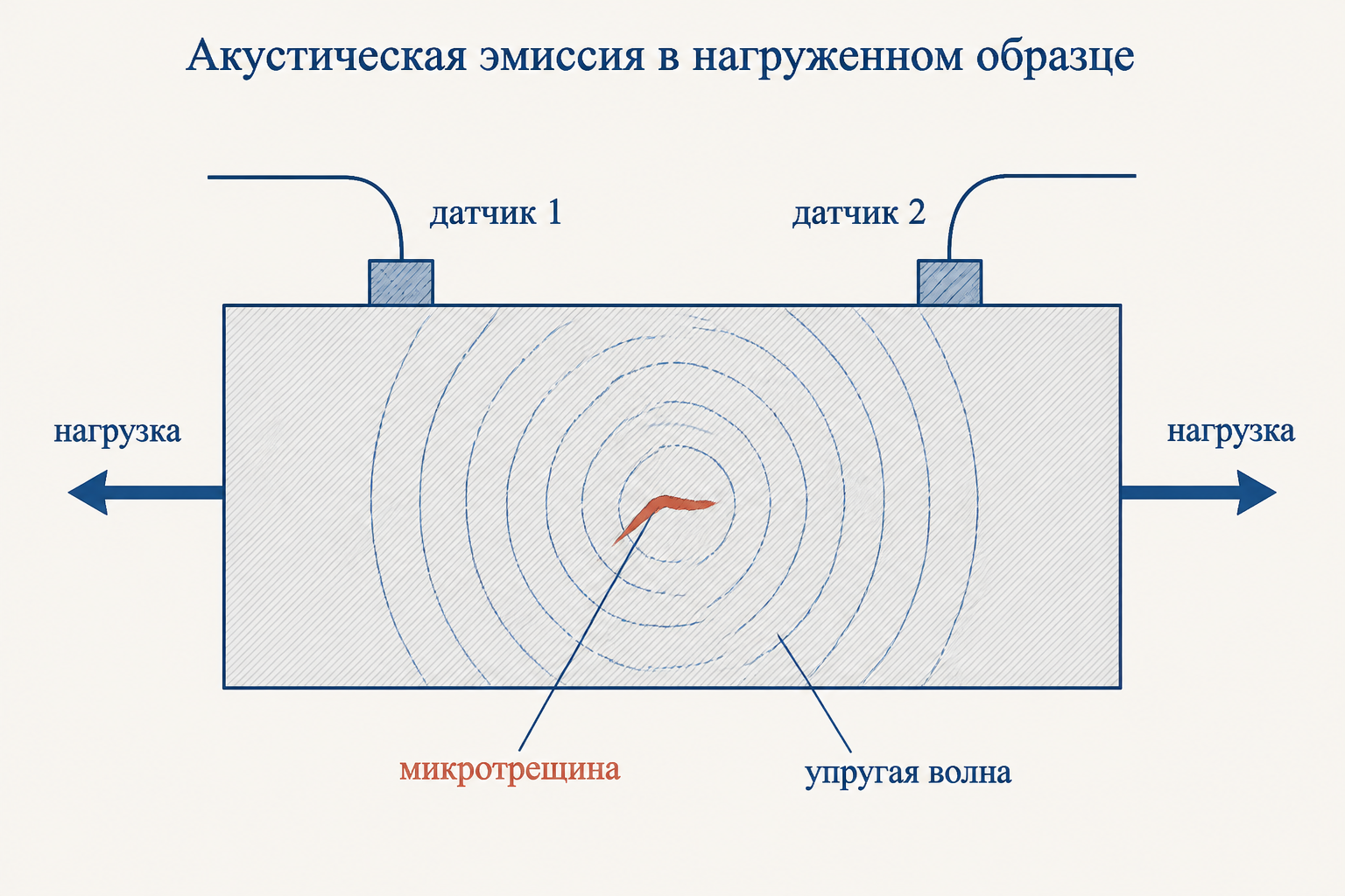 Схема акустической эмиссии: микротрещина в нагруженном образце излучает упругую волну, два датчика ловят сигнал