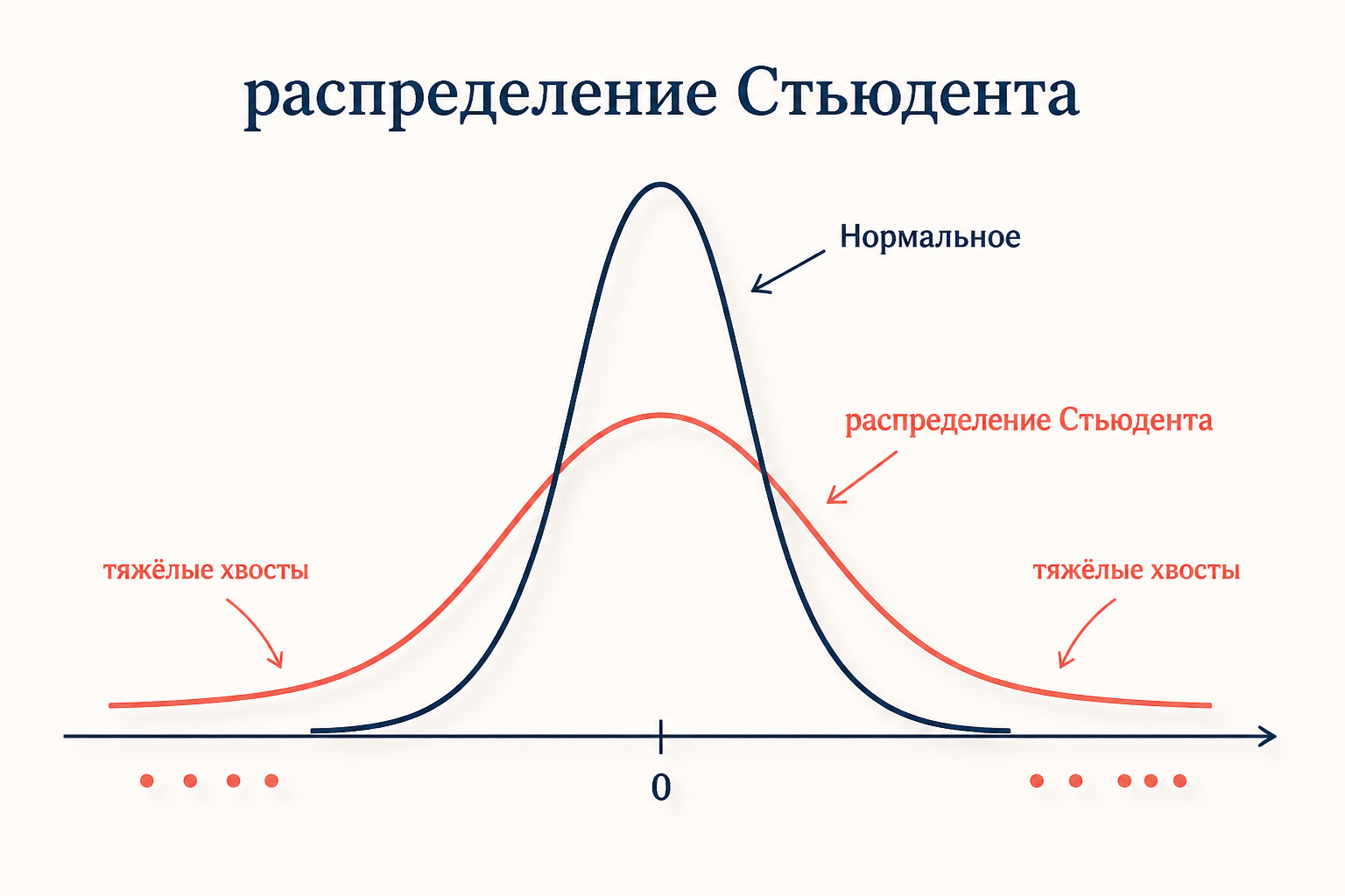 Сравнение нормального распределения и t-распределения с тяжёлыми хвостами, которые дают кластерам пространство