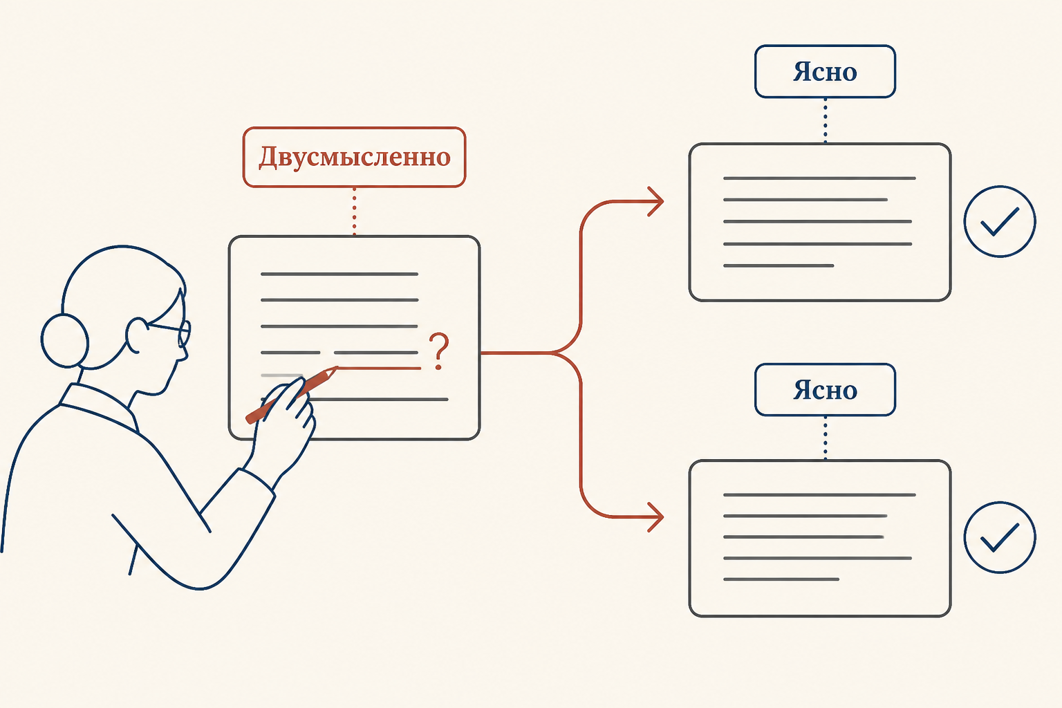 Редакторская правка двусмысленной фразы: исходная формулировка и два ясных варианта