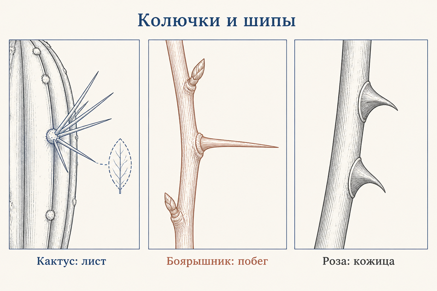 Растительные примеры: колючка кактуса из листа, колючка боярышника из побега и шип розы как вырост кожицы