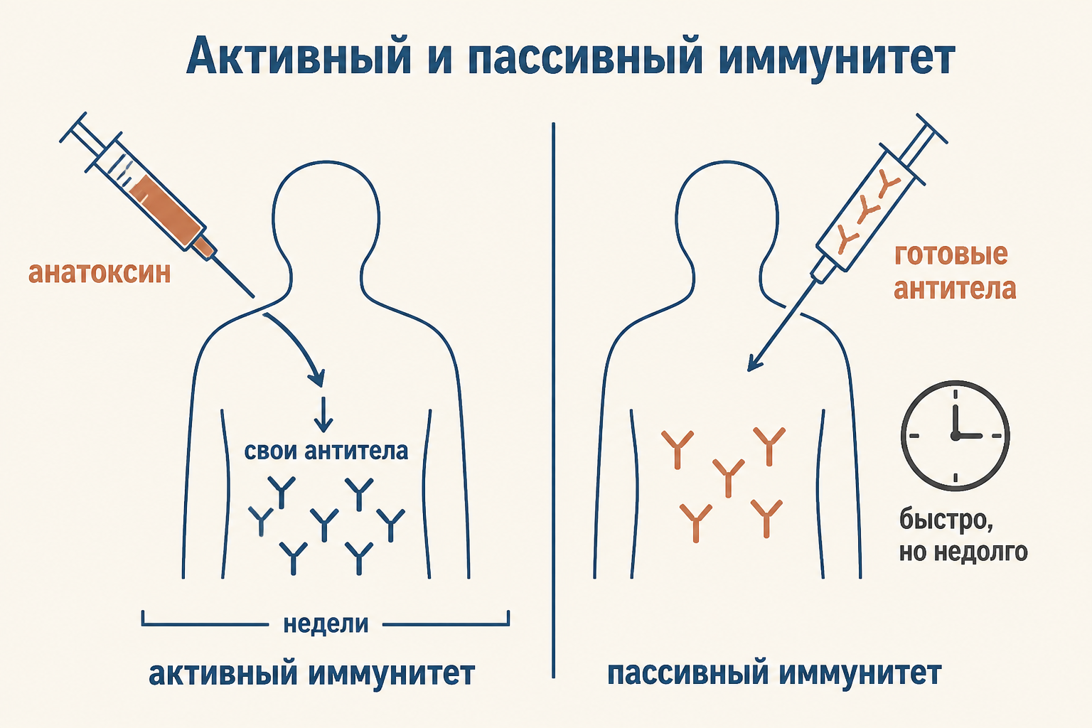 Сравнение активного иммунитета от анатоксина и пассивного от готового антитоксина: свои антитела против готовых