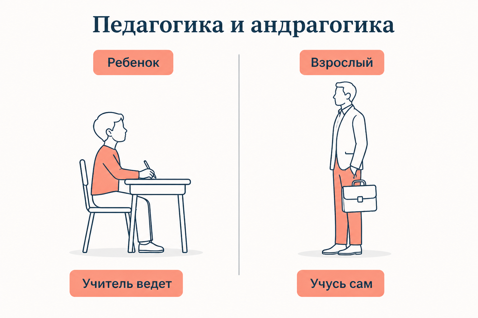 Сравнение педагогики и андрагогики: ребенок учится под руководством учителя, взрослый управляет своим обучением сам