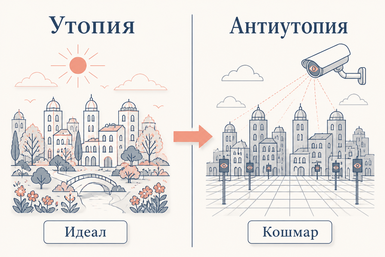 Сравнение утопии и антиутопии: слева светлый город-сад как воплощение идеала, справа тот же мир под тотальной слежкой как воплощение кошмара