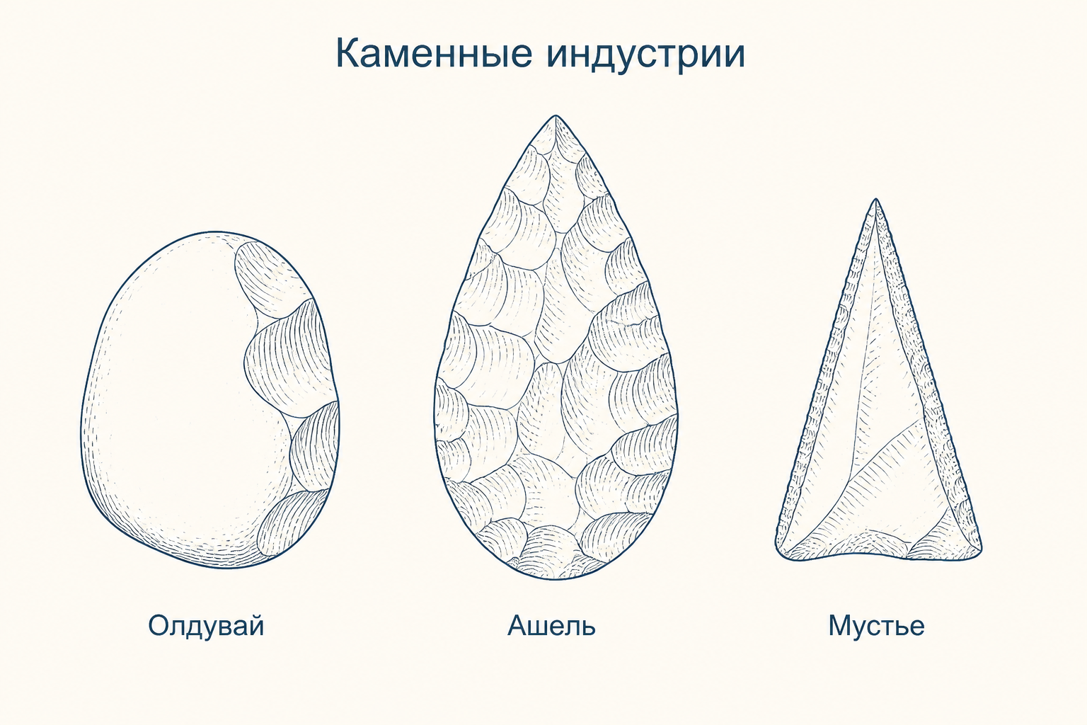 Три каменных орудия в профиль: галечный чоппер, симметричное двустороннее рубило и остроконечник на отщепе, каждое подписано названием индустрии