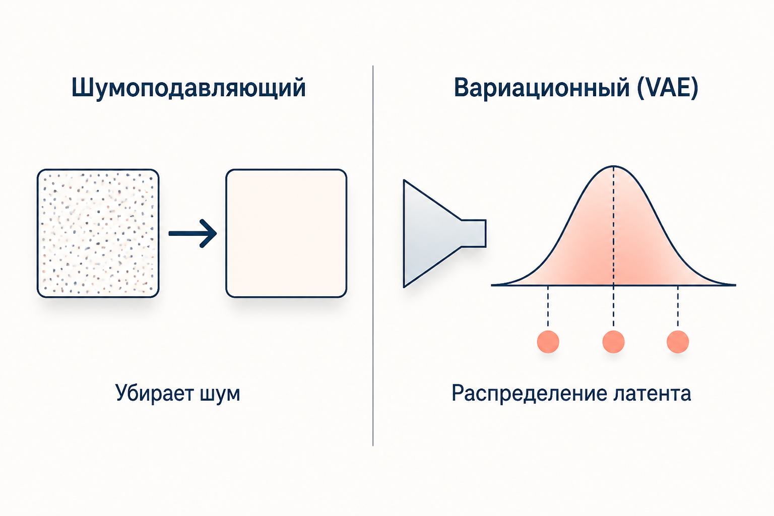 Сравнение видов автоэнкодеров: шумоподавляющий убирает шум, вариационный задаёт распределение латента