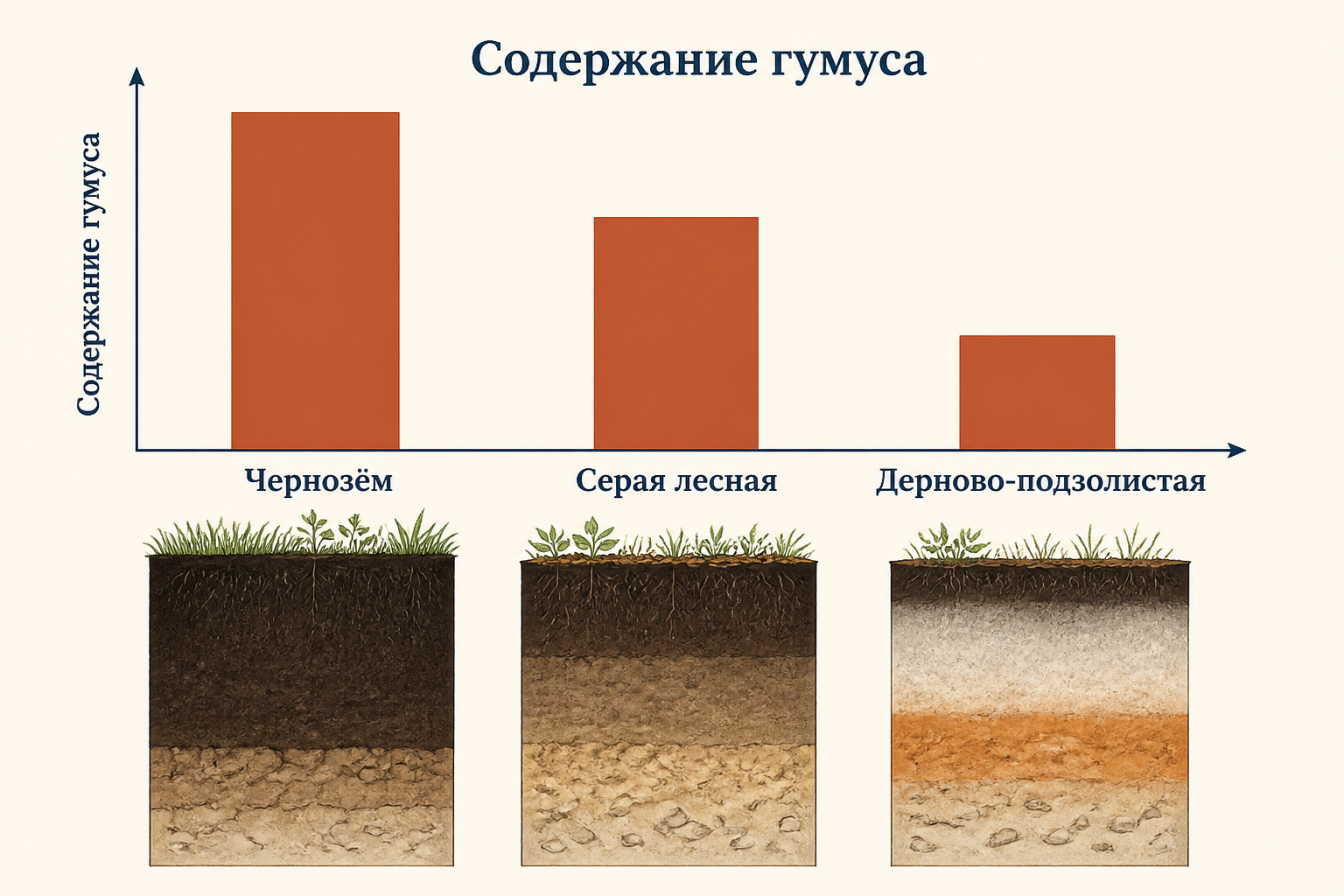 Сравнение баланса гумуса в разных типах почв: чернозём, серая лесная, дерново-подзолистая