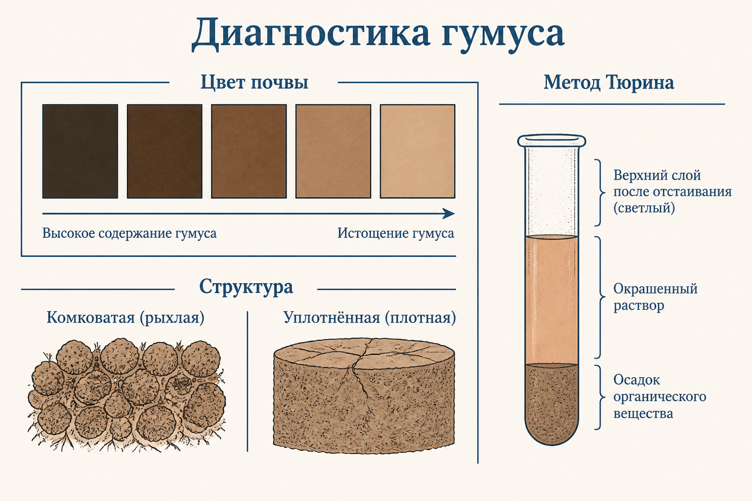 Диагностика содержания гумуса: цвет, структура, метод Тюрина