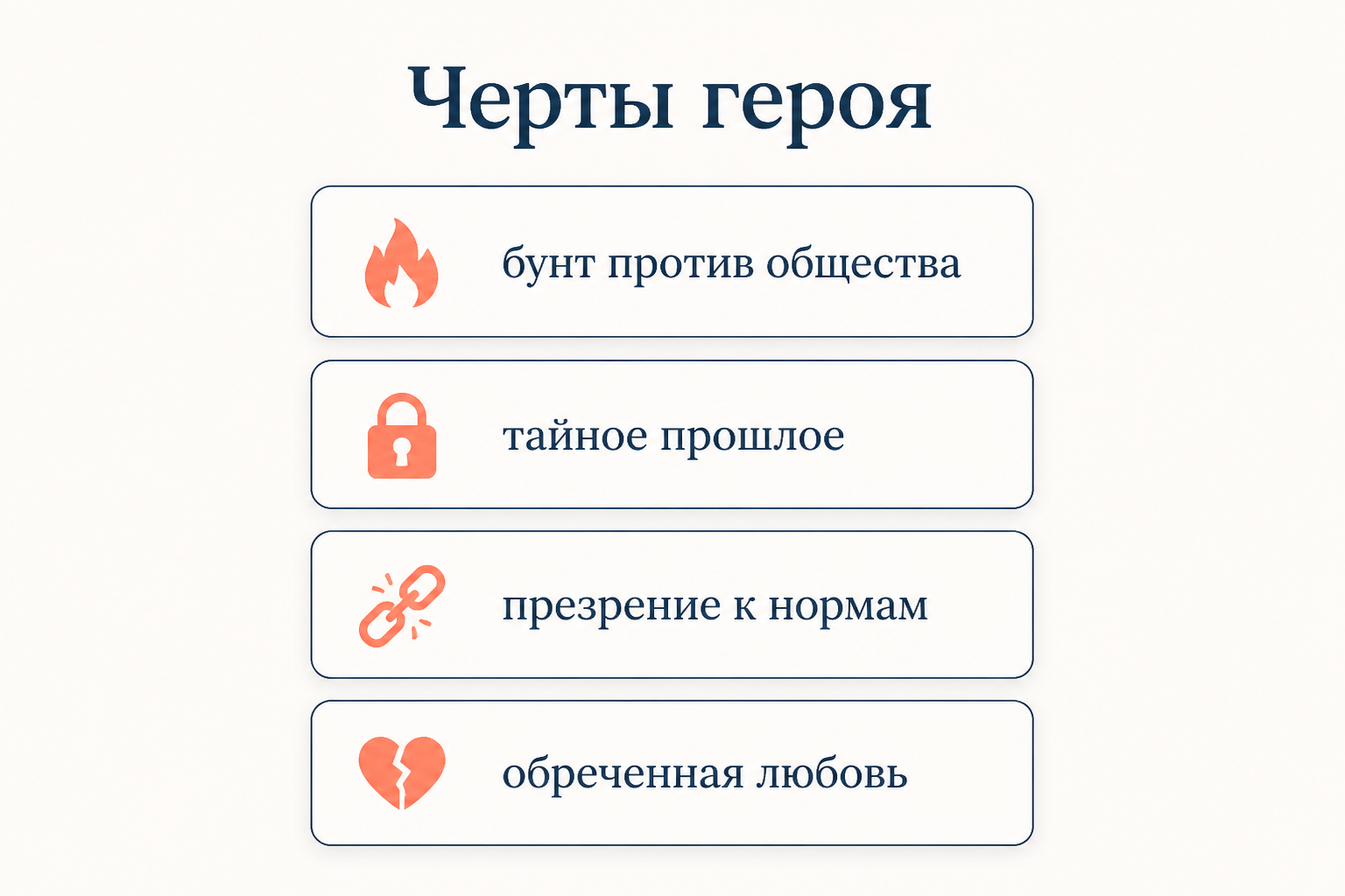 Четыре опорные черты байронического героя: бунт против общества, тайное прошлое, презрение к нормам и обреченная любовь