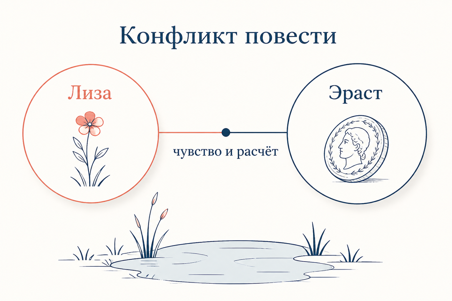 Конфликт повести: Лиза и Эраст, чувство и расчёт