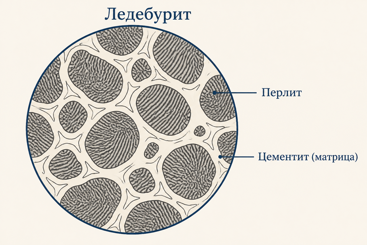 Микроструктура ледебурита в белом чугуне: перлитные острова в цементитной матрице