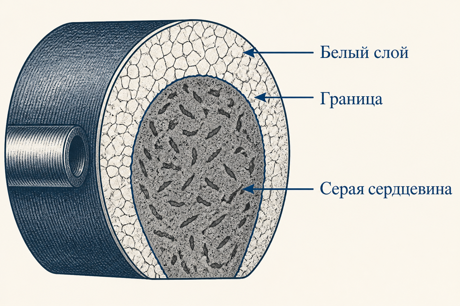 Схема отбелённого чугуна: белый износостойкий слой и серая пластичная сердцевина