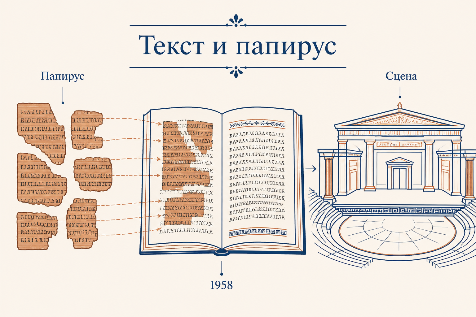 Папирусный кодекс и восстановленная сцена «Брюзги», ярлыки «Папирус», «1958», «Текст»