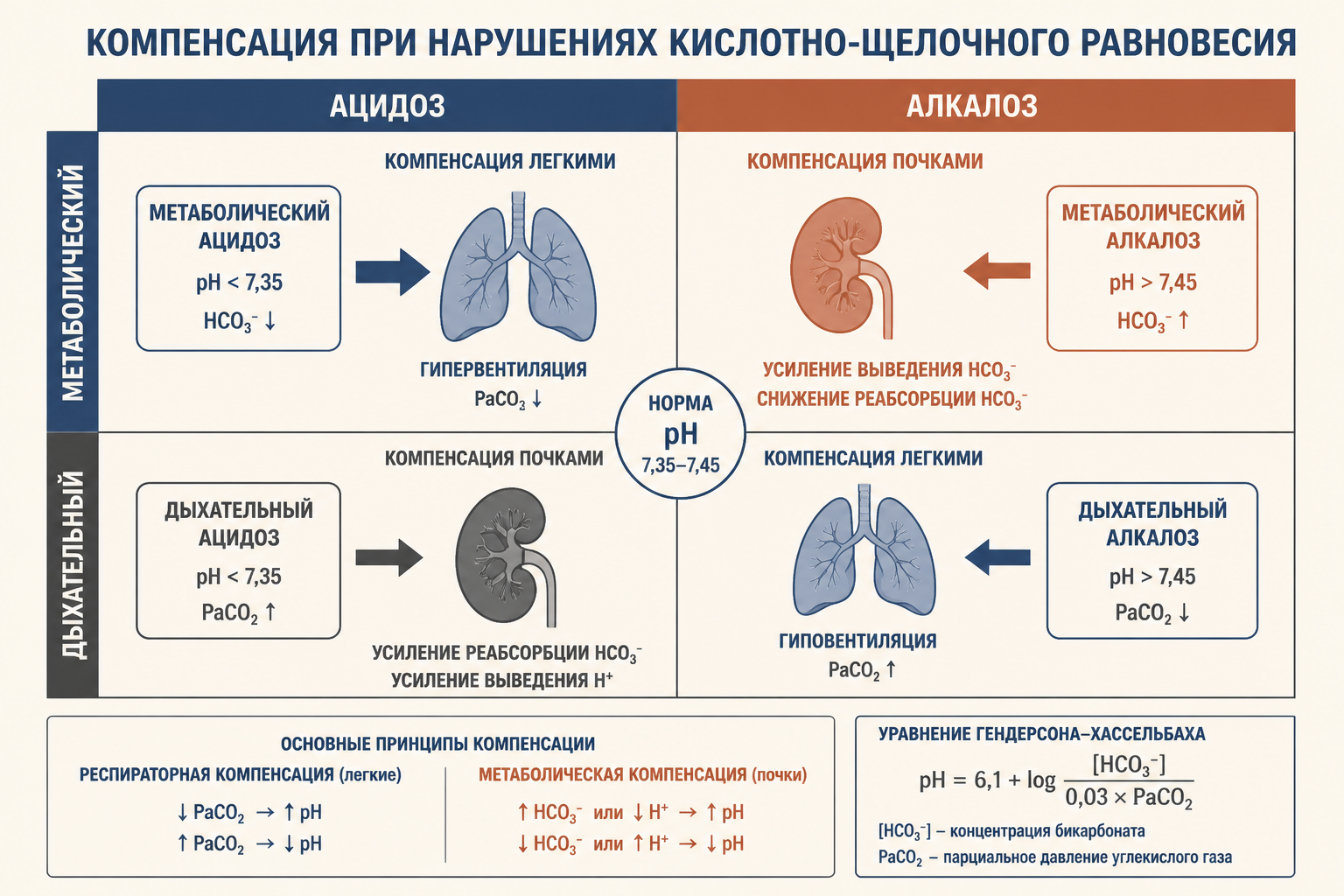 Компенсация нарушений кислотно-щелочного равновесия: ацидоз и алкалоз, дыхательный и метаболический типы