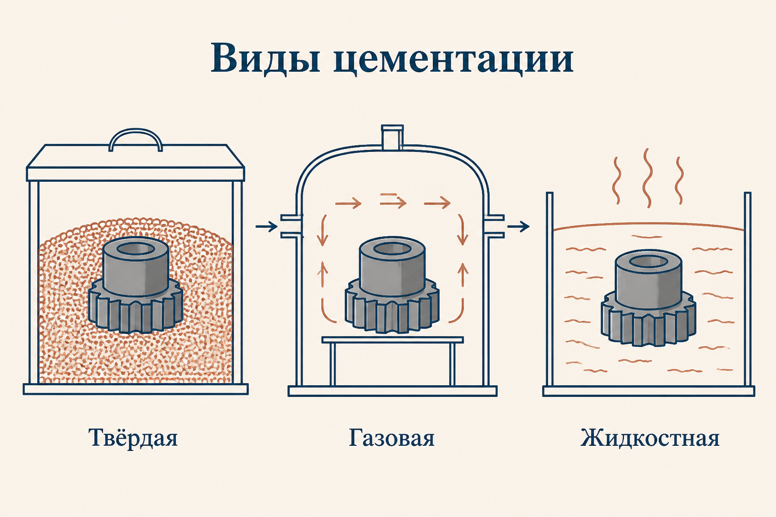 Три способа цементации стали: твёрдая в угольном карбюризаторе, газовая в атмосфере углеводородов, жидкостная в расплаве солей