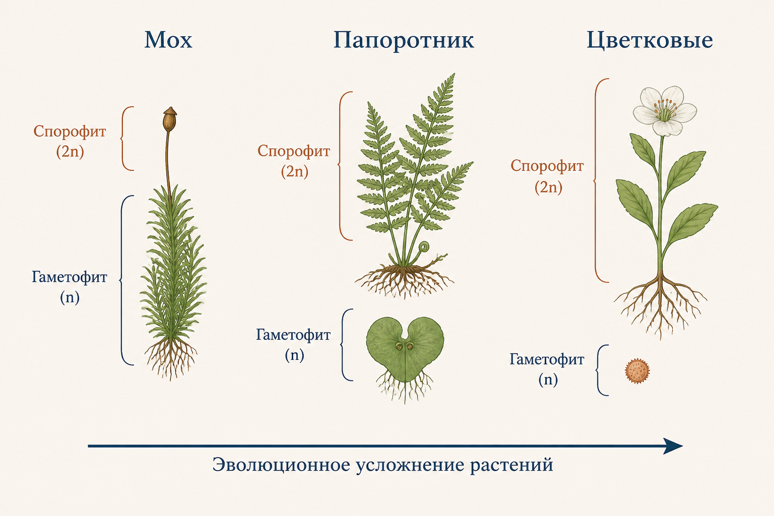 Сравнение циклов: мох, папоротник, цветковое растение
