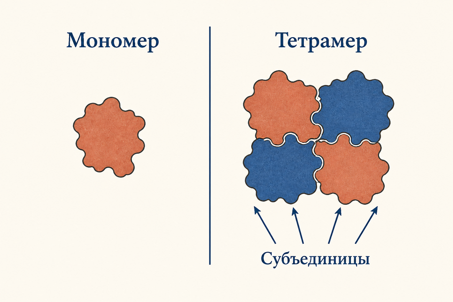 Сравнение мономера и тетрамера: одиночная субъединица слева и четыре субъединицы, собранные в комплекс справа