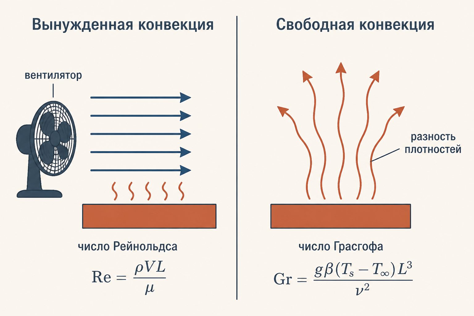 Сопоставление вынужденной и свободной конвекции: слева поток гонит вентилятор, справа поток поднимается сам от разности плотностей, с подписями критериев Рейнольдса и Грасгофа