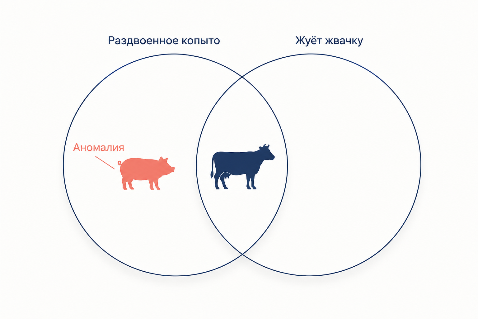 Пересечение двух признаков чистого животного в Левите: корова отвечает обоим, свинья попадает только в один и оказывается аномалией
