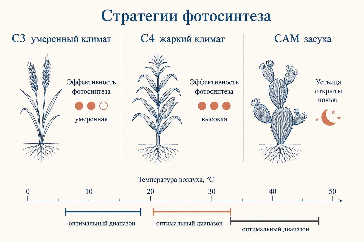 Сравнение стратегий C3, C4 и CAM: условия применения и преимущества