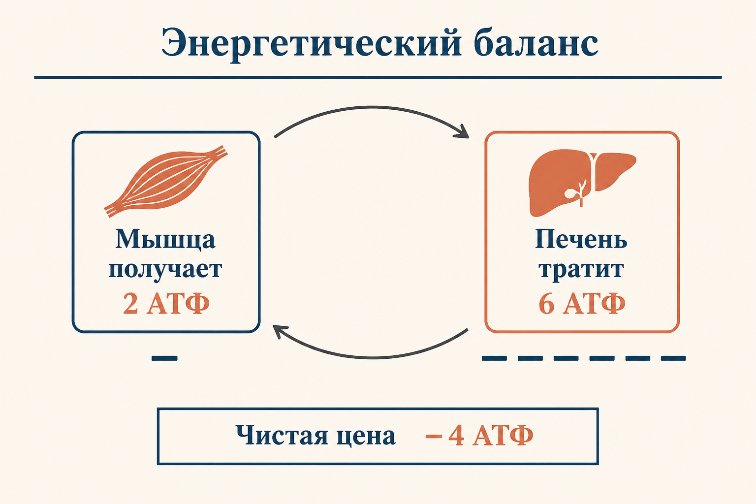Энергетический баланс цикла Кори: мышца получает 2 АТФ, печень тратит 6 АТФ, чистая цена минус 4 АТФ