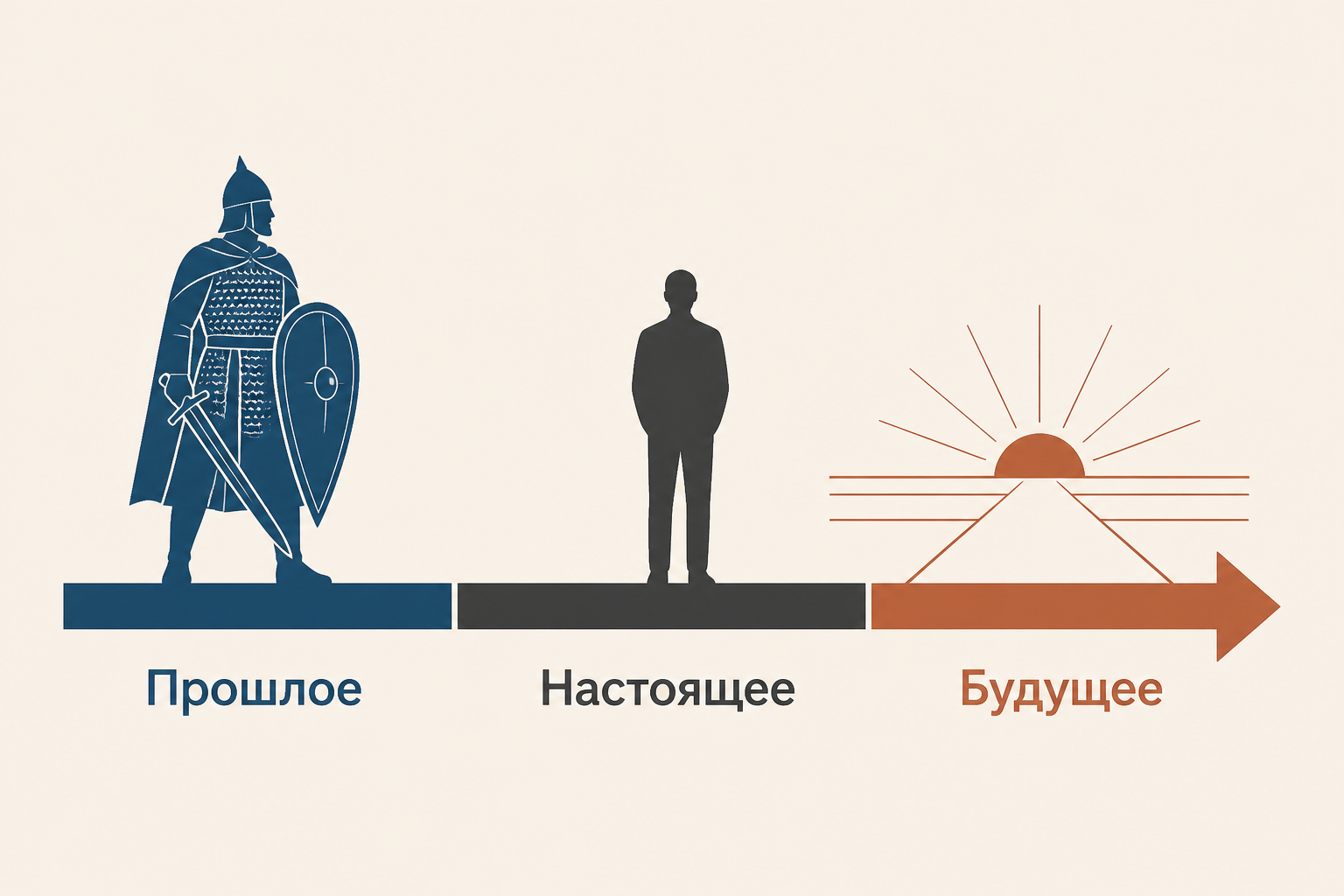 Русский исторический пейзаж как повторяющееся испытание: древний всадник и современная тень на линии горизонта, подписи «Прошлое», «Настоящее», «Будущее»