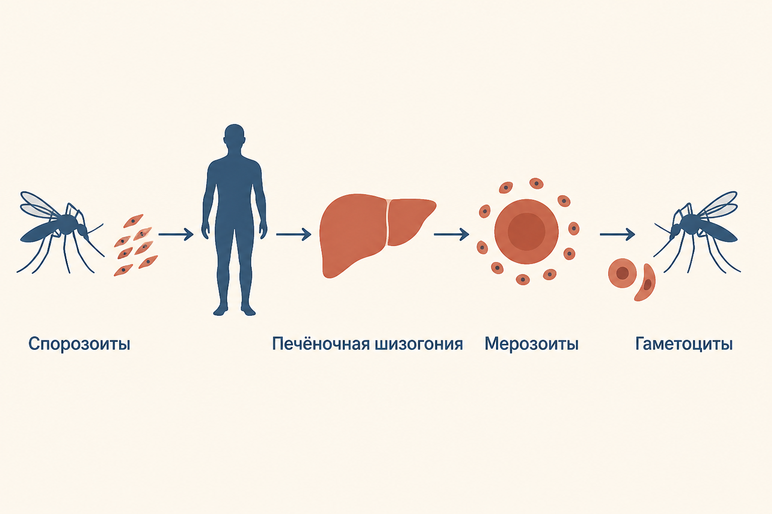 Схема жизненного цикла: комар передаёт спорозоиты человеку, в печени образуются мерозоиты, в эритроцитах возникают гаметоциты, которые забирает комар
