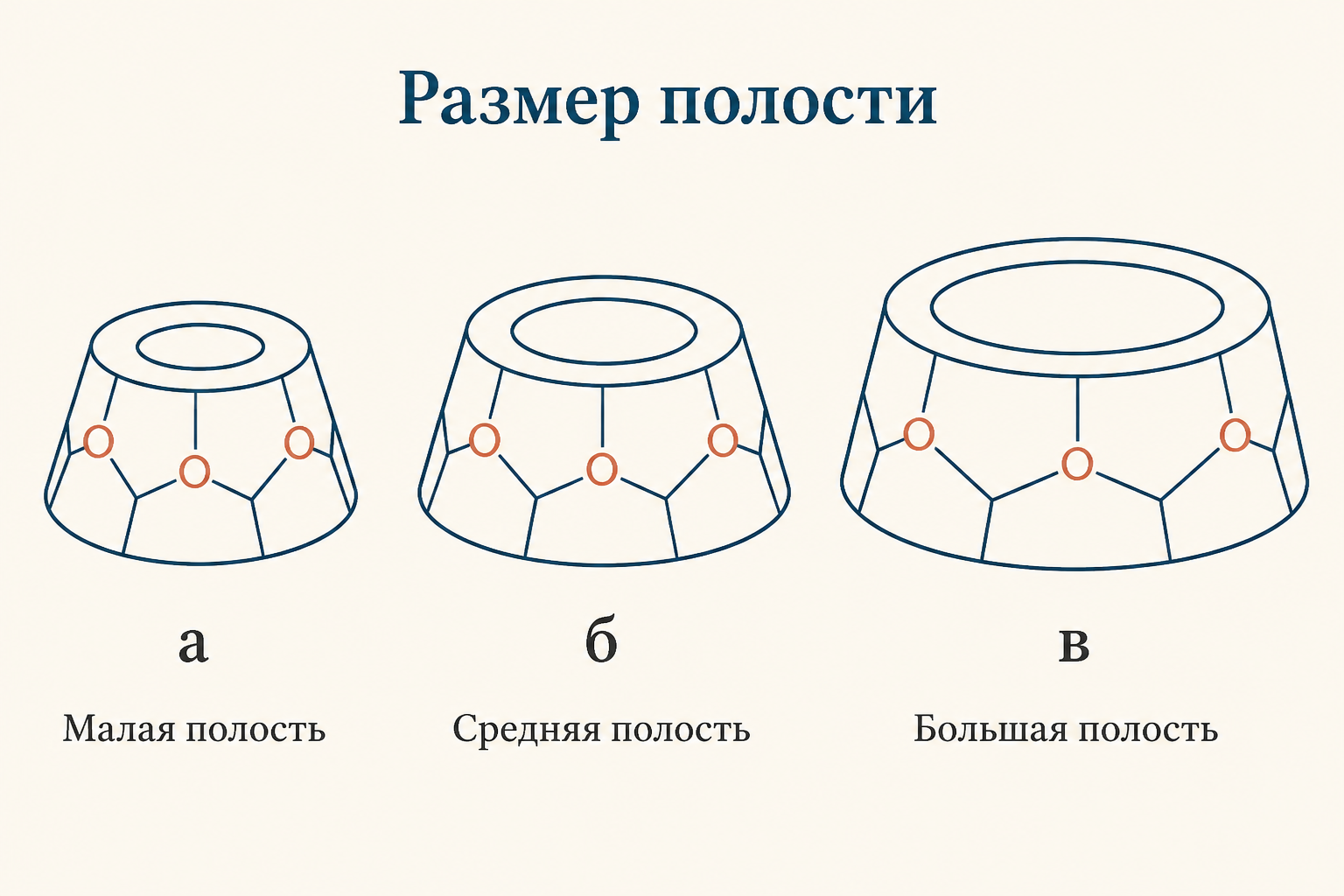 Три типа циклодекстринов с разным размером полости: альфа, бета и гамма