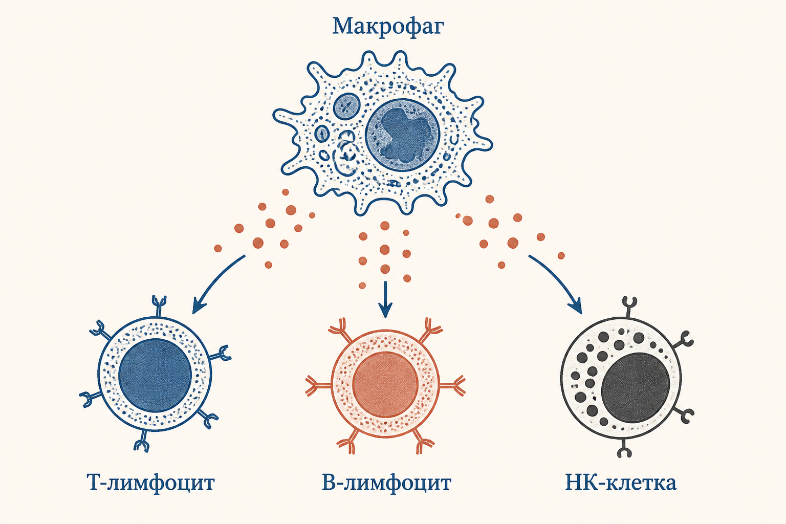 Цитокиновая сеть: макрофаг активирует Т-лимфоциты, В-лимфоциты и НК-клетки