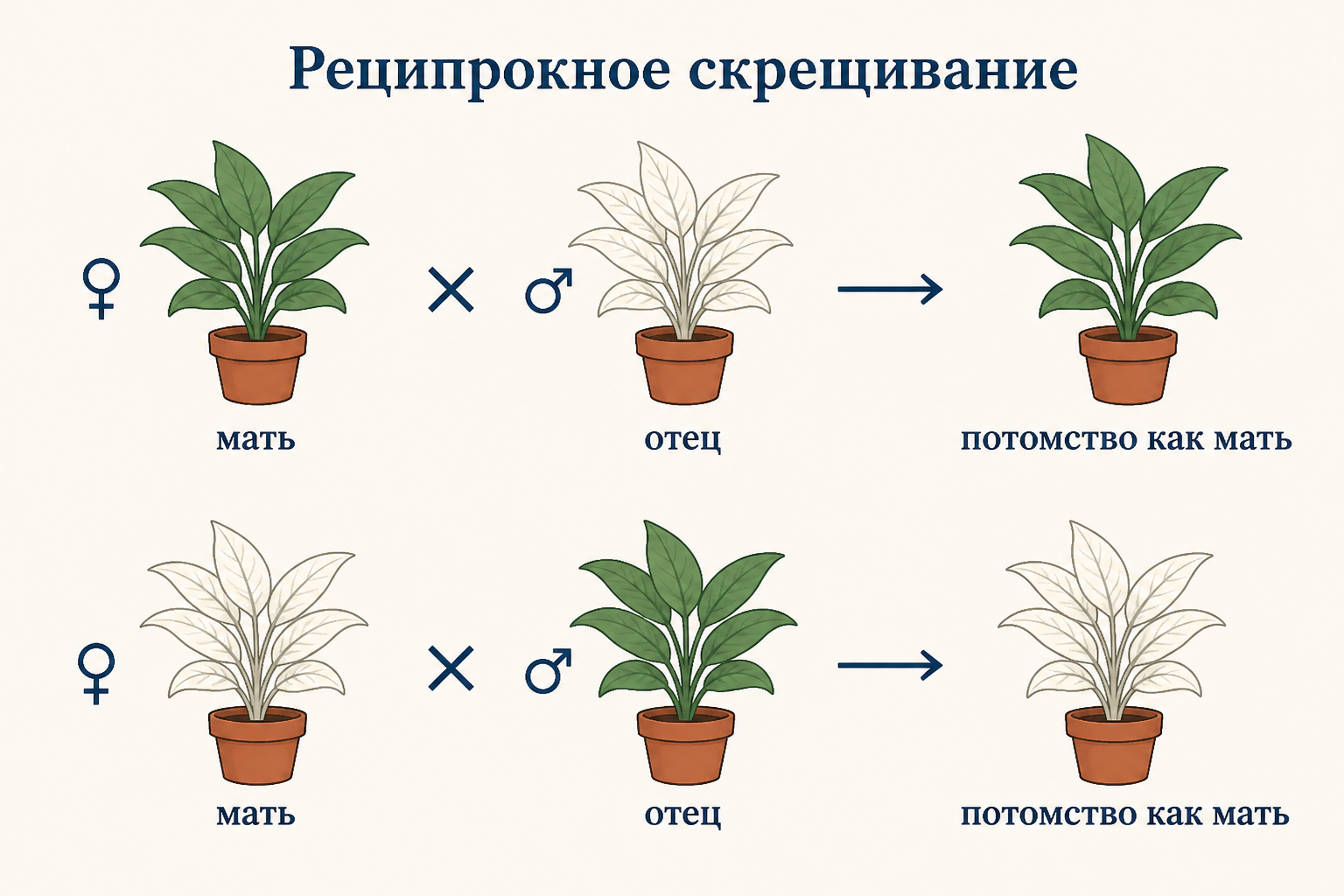 Реципрокное скрещивание: при цитоплазматическом наследовании потомство в обоих вариантах повторяет признак матери, а не даёт одинаковый результат, как при ядерных генах