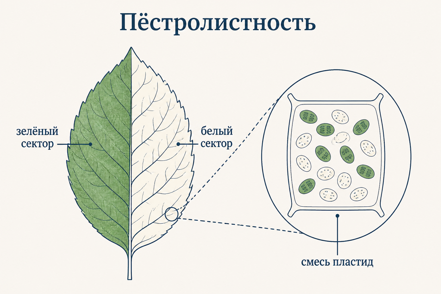 Пёстролистность: лист поделён на зелёный и белый секторы, а в клетке пёстрого участка соседствуют зелёные хлоропласты и бесцветные пластиды