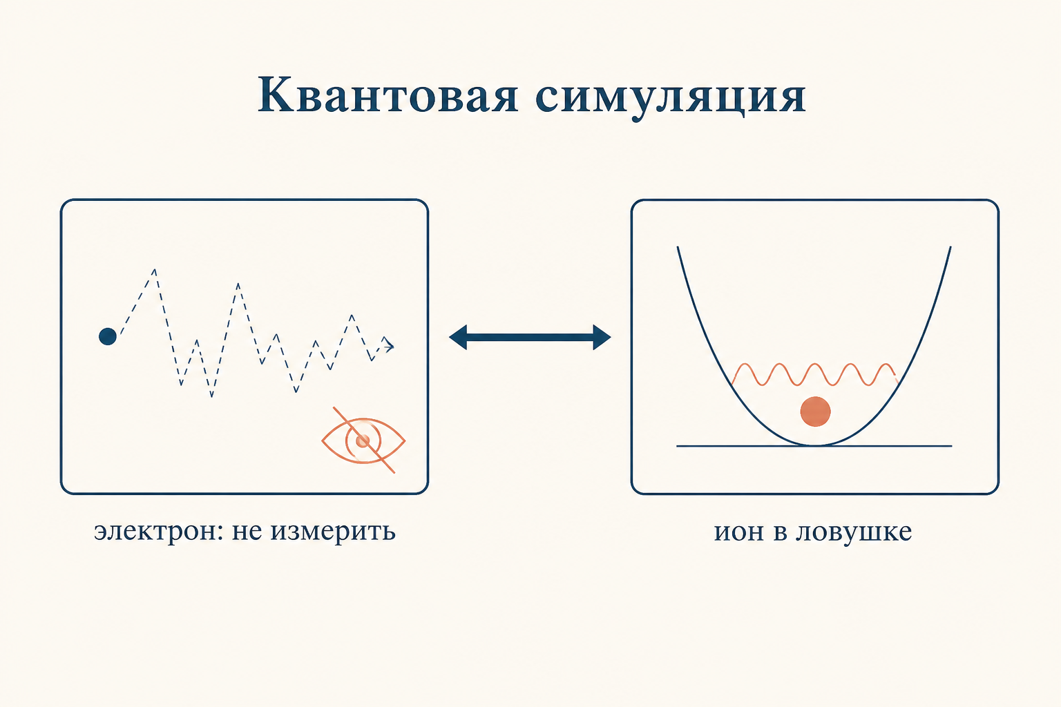 Идея квантовой симуляции: реальный электрон с недостижимым масштабом и модельная система ион в ловушке с измеримыми частотой и амплитудой, связанные стрелкой соответствия