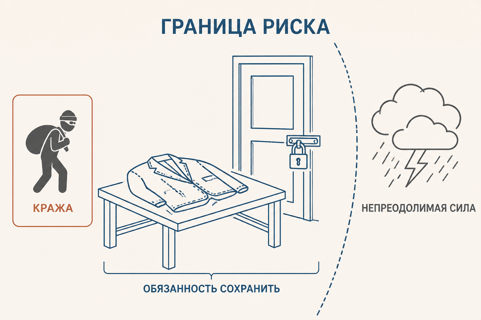 Вещь передана мастеру: при custodia риск кражи и обычного повреждения лежит на получившем вещь, а vis maior остаётся за границей ответственности