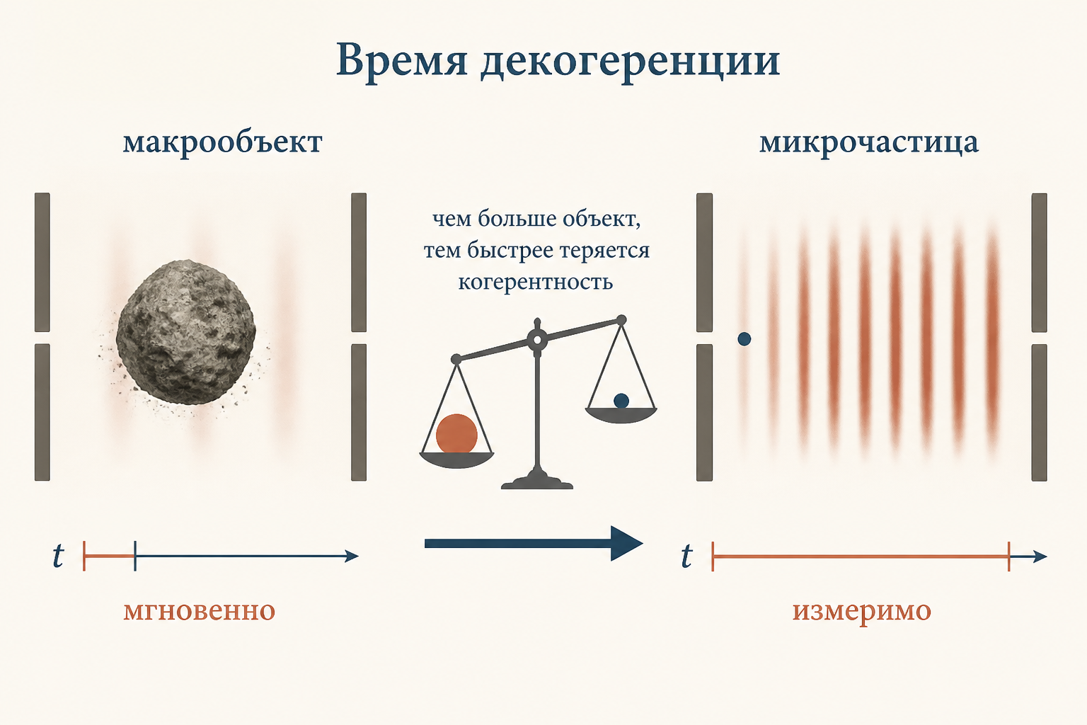 Сравнение времени декогеренции: для макрообъекта оно ничтожно, для микрочастицы измеримо