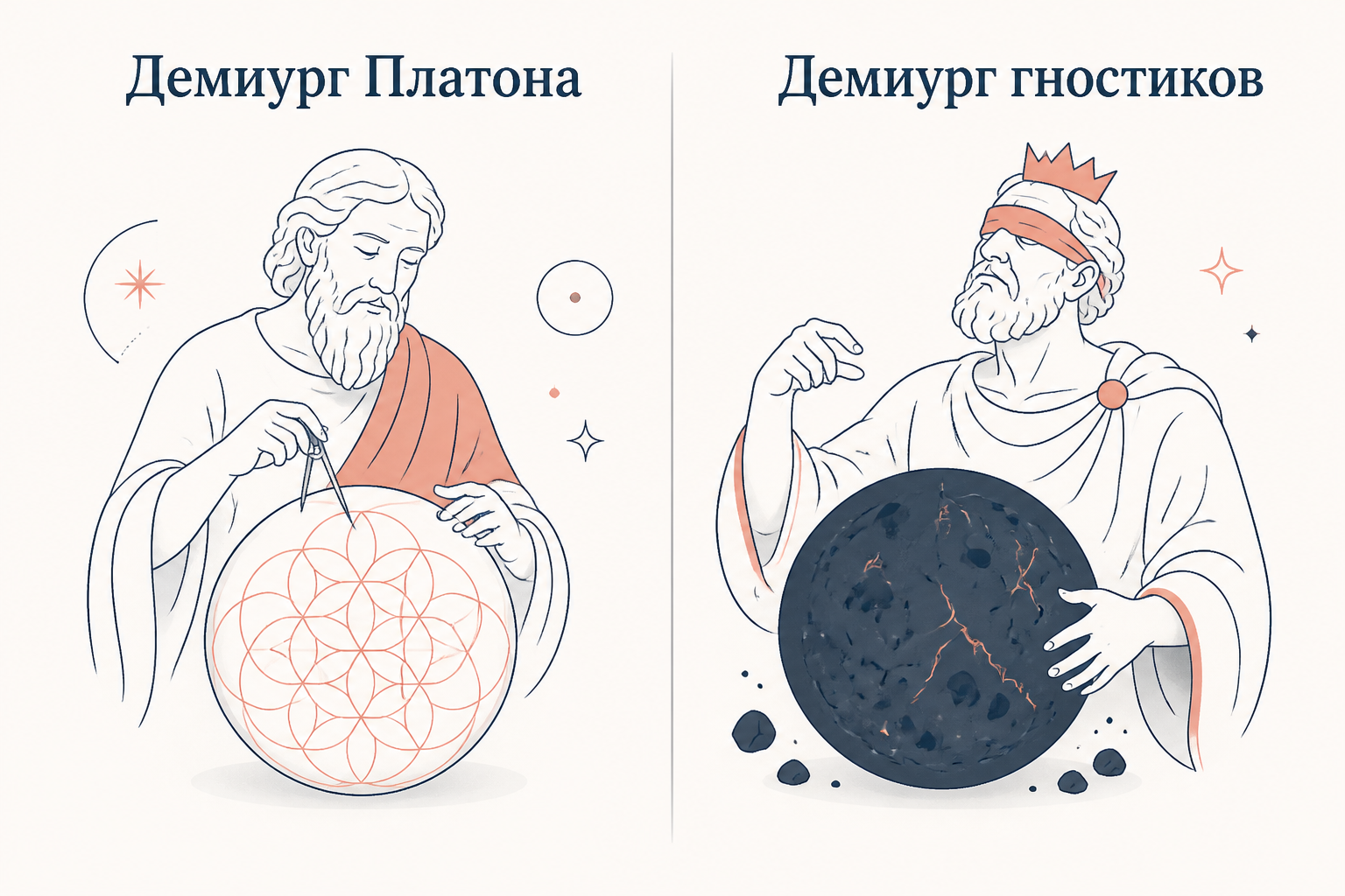 Слева благой устроитель Платона создаёт упорядоченный космос по образцу идей, справа невежественный гностический Демиург лепит ущербный материальный мир