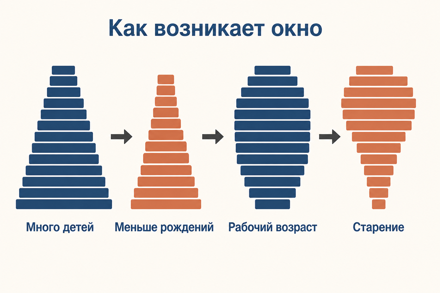 Схема перехода от многочисленного детства к широкому трудоспособному возрасту и последующему старению