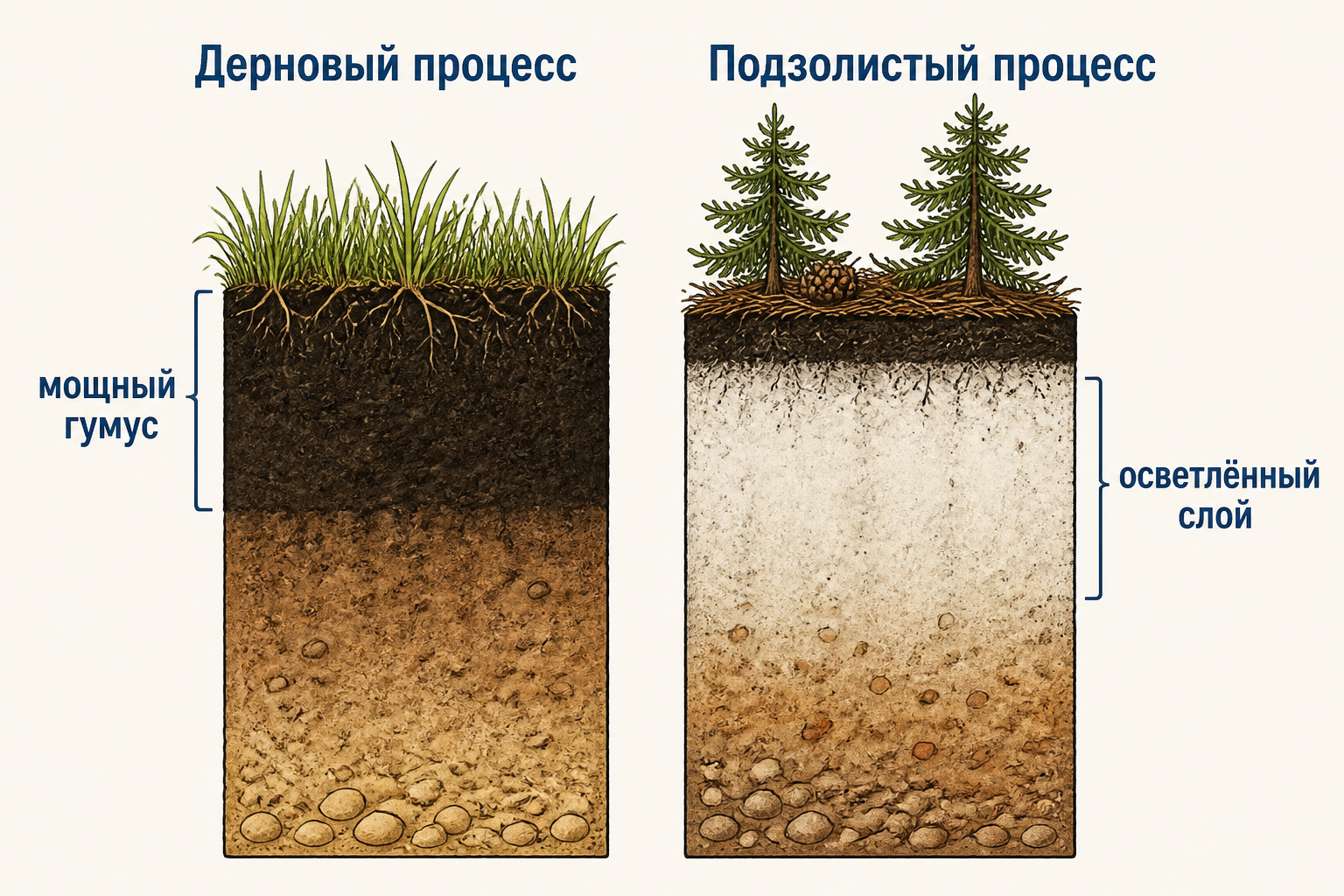 Вертикальный разрез почвы под луговыми травами: дернина с густой сетью корней, тёмный гумусовый горизонт со стрелками превращения корней в гумус и светлая материнская порода ниже