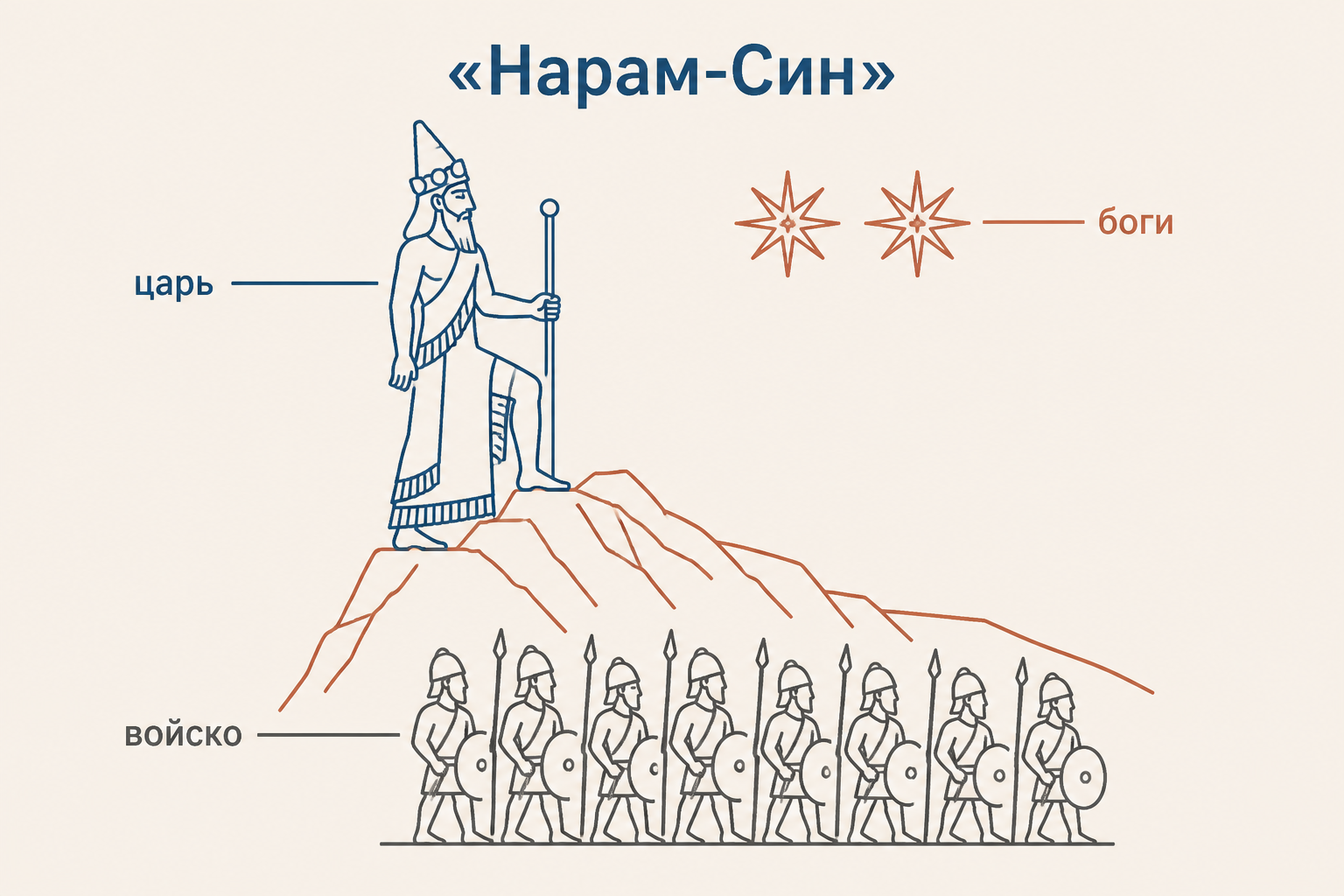 Стела Нарам-Сина: царь на горном склоне, воины и небесные символы, схематичная композиция без точного воспроизведения музейного экспоната