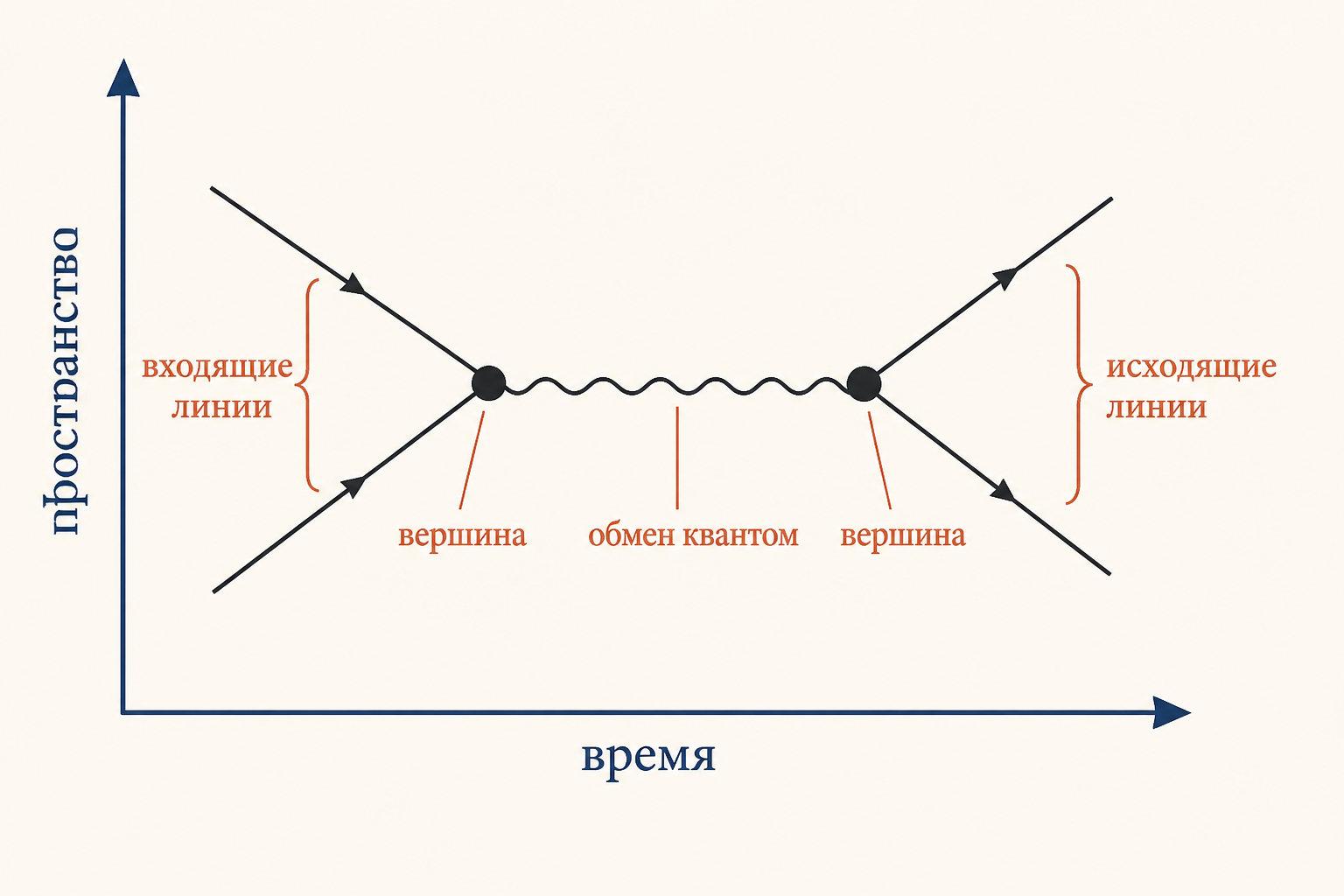 Схема структуры диаграммы Фейнмана: оси время и пространство, входящие и исходящие линии частиц, вершина и линия обмена квантом