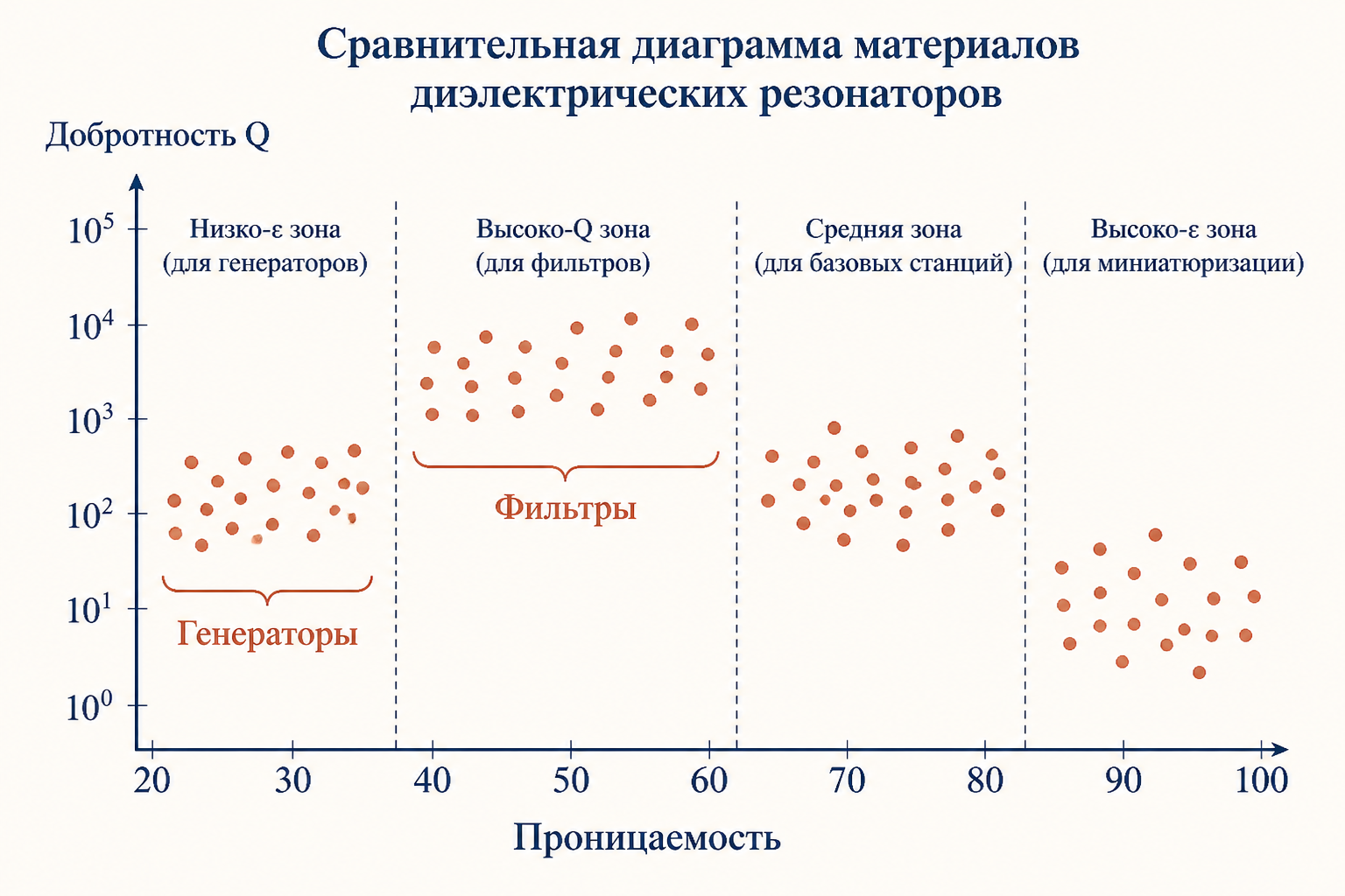 Сравнительная диаграмма материалов для диэлектрических резонаторов: ось X - диэлектрическая проницаемость от 20 до 100, ось Y - добротность Q; отмечены зоны применения для фильтров и генераторов
