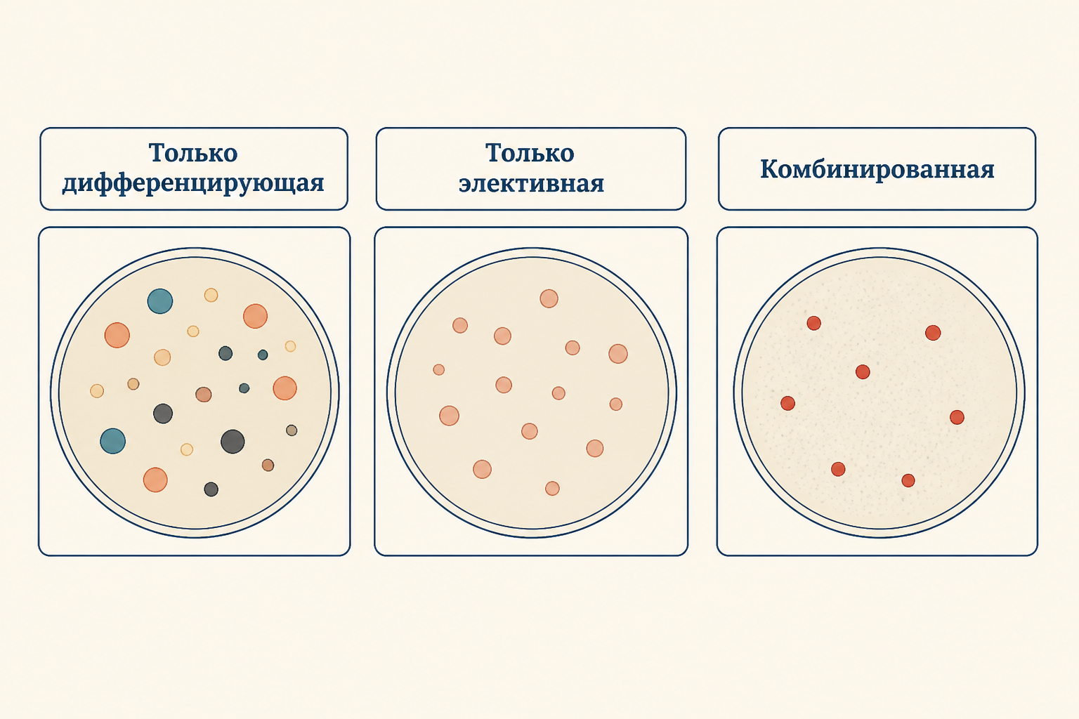 Схема трёх типов бактериологических сред: дифференцирующая среда с цветными колониями, элективная с одной группой колоний, комбинированная среда Плоскирева с подавленным фоном и яркими колониями патогена