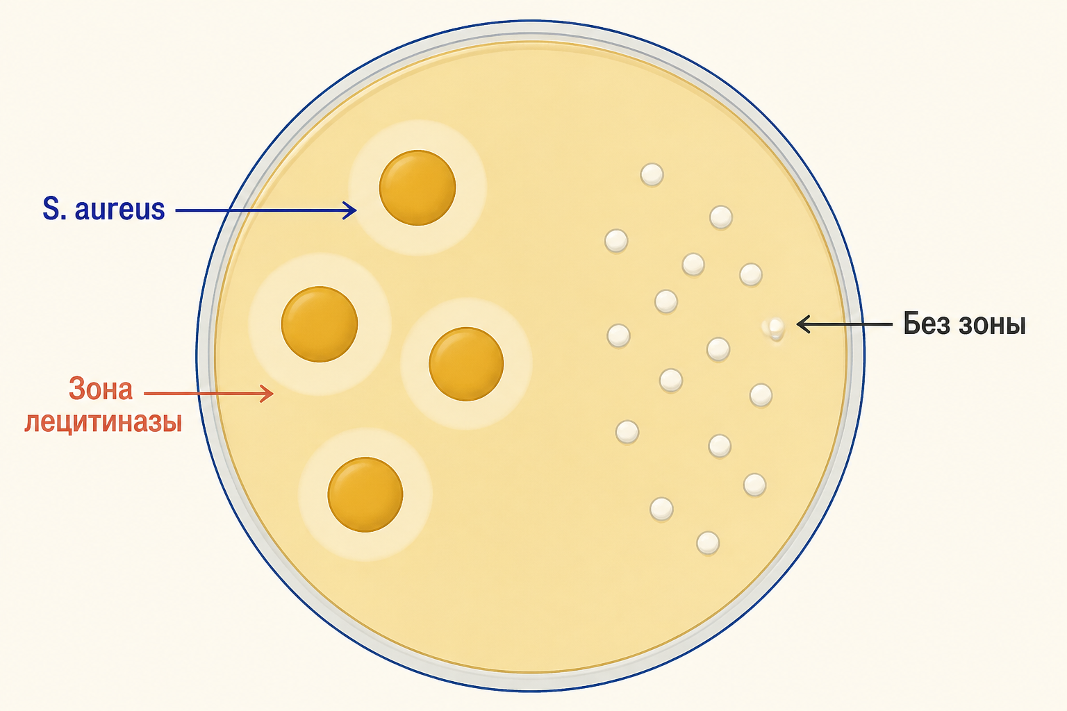 Чашка с желточно-солевым агаром: золотистые колонии S. aureus с радужным лецитиназным венчиком, рядом белые колонии S. epidermidis без зоны помутнения