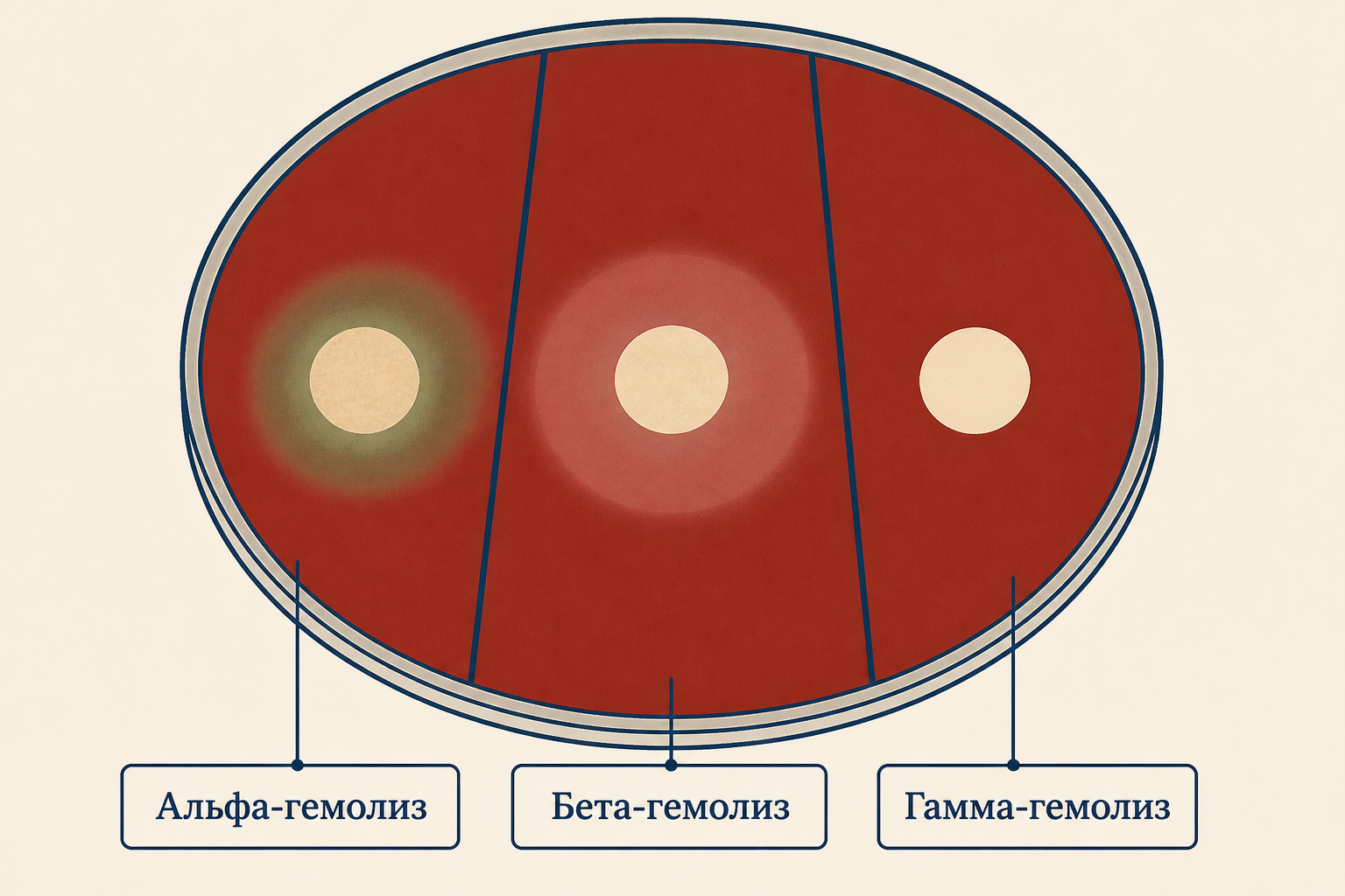Кровяной агар с тремя зонами гемолиза: альфа - зелёное кольцо, бета - прозрачная зона просветления, гамма - нет изменений вокруг колонии