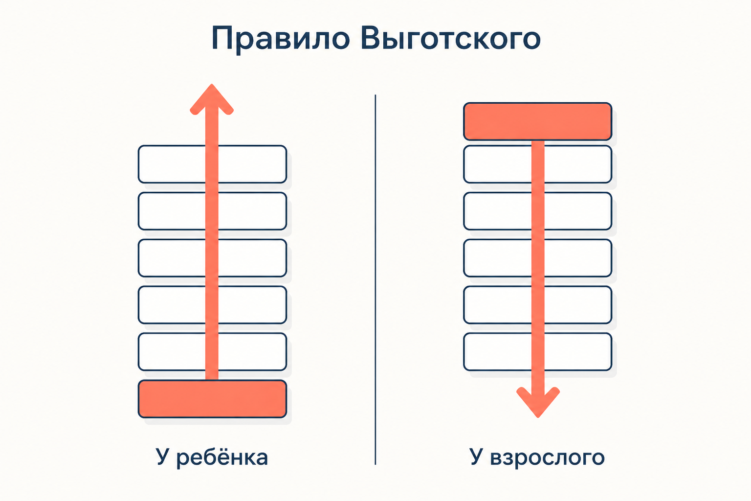 Правило Выготского: у ребёнка развитие идёт снизу вверх, от элементарной функции к высшей, у взрослого высшая функция сама организует нижележащие уровни