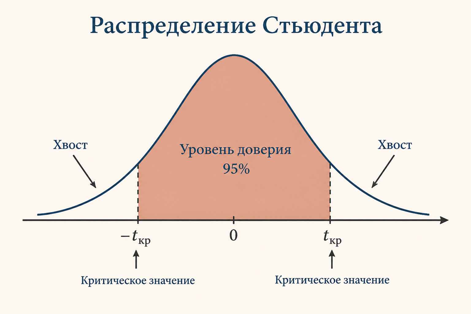 Распределение Стьюдента: центральная область доверия 95 процентов и критические значения в хвостах