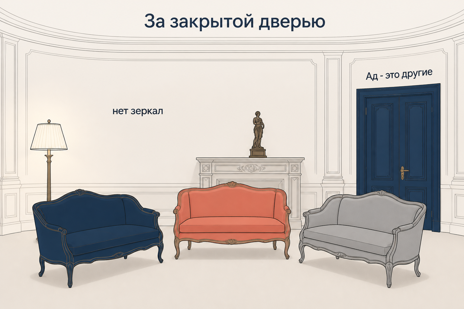 Сценография пьесы: три дивана, закрытая дверь и стена без зеркал